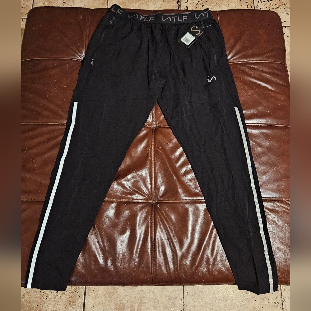 Black Sweatpants with White Stripes and Elastic Waistband